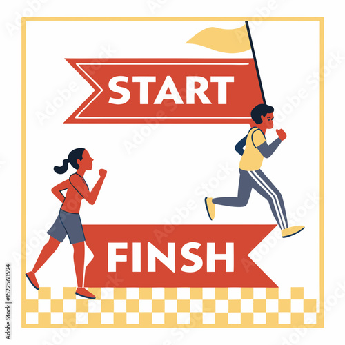 Illustration depicting a sprint race featuring two runners and start finish banners in a flat graphic style.