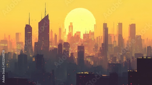 Futuristic city skyline bathed in warm sunset light.