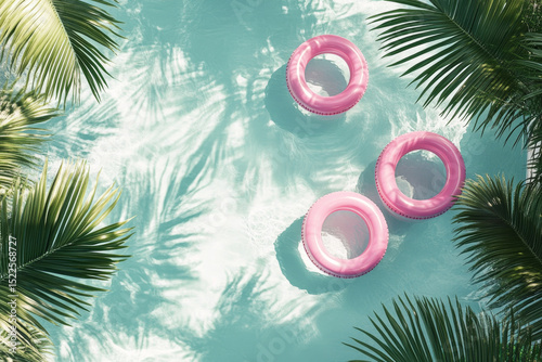 Top-down 3D view of a pool with pink float rings on the water, creating a tropical summer vibe.
