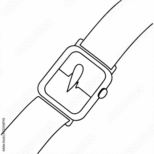 Minimalist line art illustration of a smartwatch with a heart symbol on the screen, displaying time