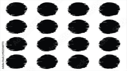 A grid of sixteen black textured circles on a white background creating a pattern of abstract shapes