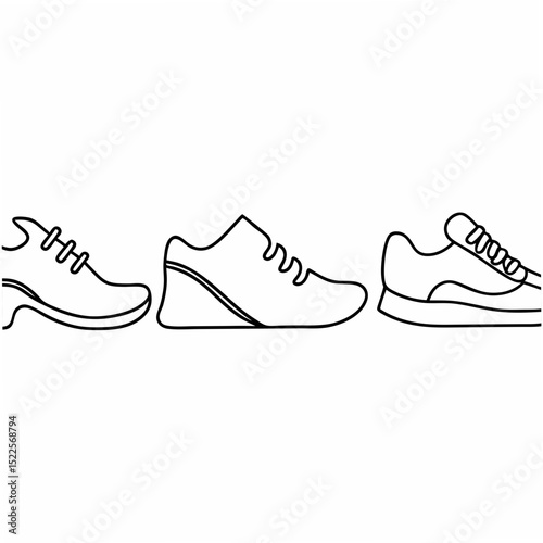 Minimalist outline illustration of three different shoe designs perfect for sportswear and fitness applications.