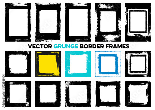 Vector set of grunge border frames. Includes various distressed square and rectangular shapes in black, white, yellow, and blue. Perfect for adding a rough, edgy, and urban feel to photos and designs.