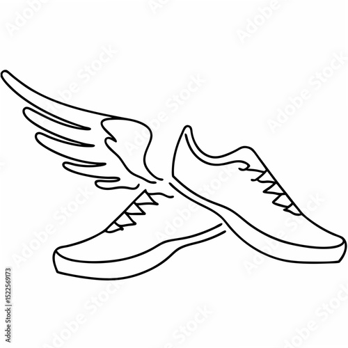 Running shoes with wings symbolizing speed athleticism and freedom in minimalist black and white line art