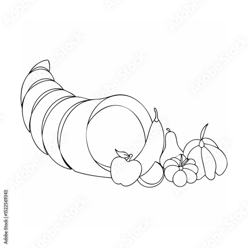 Simple black and white line art illustration of a cornucopia filled with fruits