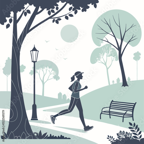 Silhouette of a runner exercising in a serene park scene with trees and a bench during daylight.