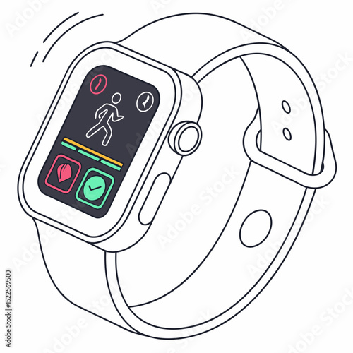 Smartwatch displaying running activity and fitness tracking in stylish outline vector illustration