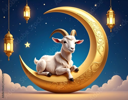 Goat on crescent moon, night sky