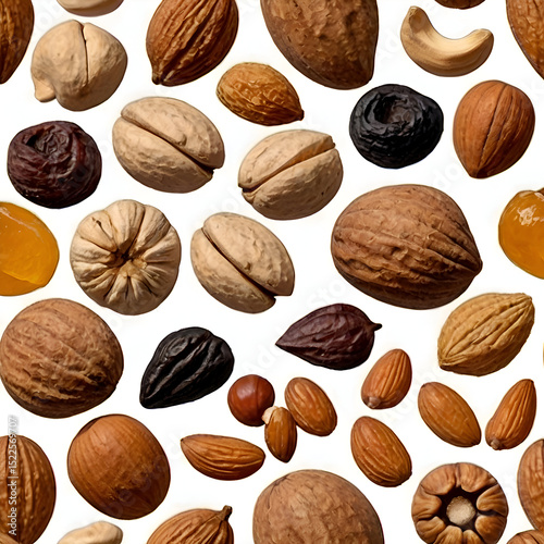 nuts and dried fruits isolated on transparent white background