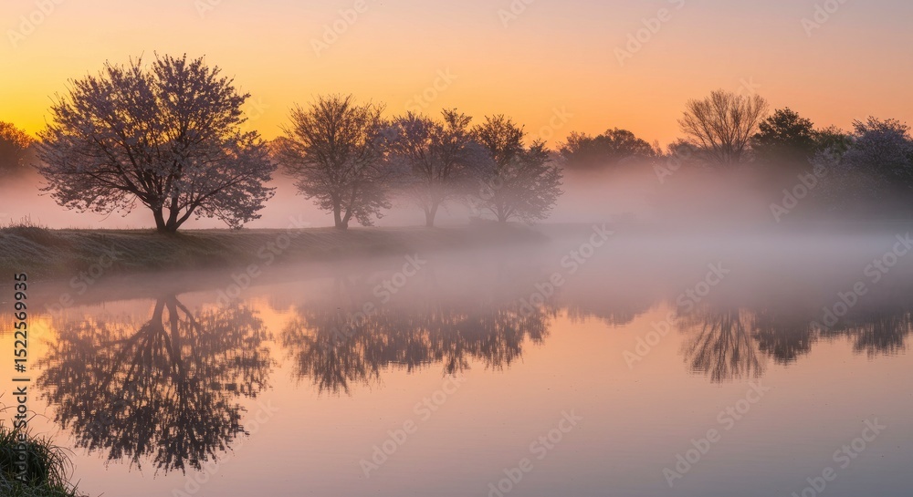 Fototapeta premium Misty Sunrise Over a Calm Lake With Blooming Trees