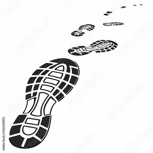 Abstract trail of footprints in black and white indicating movement and progression on a white background