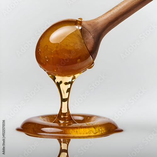 honey dripping from a wooden dipper isolated on transparent white background