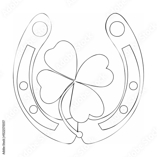 Black and white illustration of a horseshoe and shamrock symbolizing good luck and irish culture