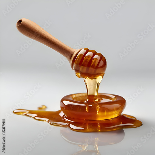 honey dripping from a wooden dipper isolated on transparent white background
