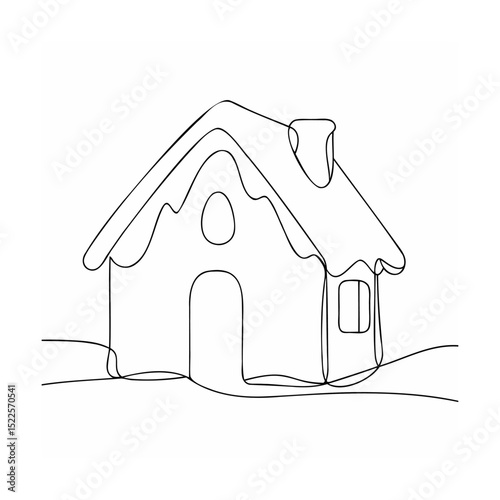One line drawing of a simple gingerbread house with snow on the roof