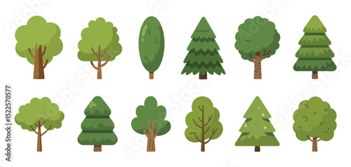 Twelve Green Trees Collection Flat Design Illustration
