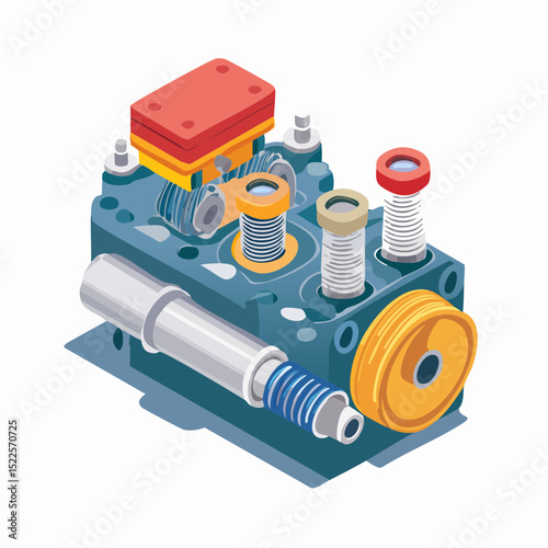 Detailed Isometric Illustration of a Complex Engine Component