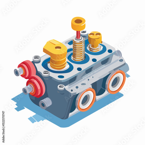 Detailed Isometric Illustration of an Internal Combustion Engine Cylinder Head