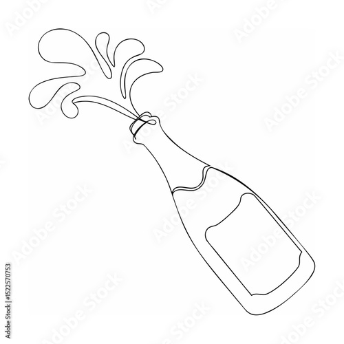 Champagne bottle with open cork and splash of bubbles in elegant continuous line art