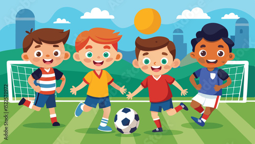 Four Cheerful Kids Playing Soccer with a Soccer Ball on a Green Field
