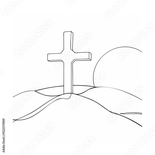Simple and clean christian cross symbol on a hill landscape with sunrise or sunset.