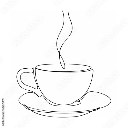 Single line drawing of a steaming coffee cup on a saucer in minimalist design