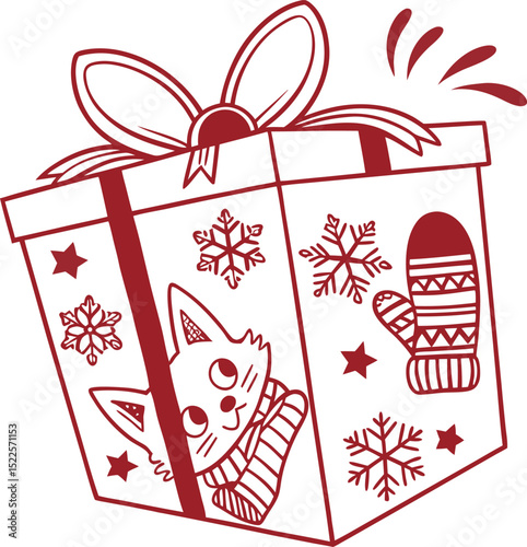 christmas gift box with cute cat mittens snowflakes and big ribbon decoration