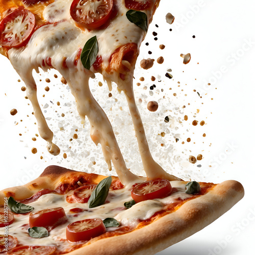 pizza with salami, Flying pizza slice with ingredients isolated on transparent white background