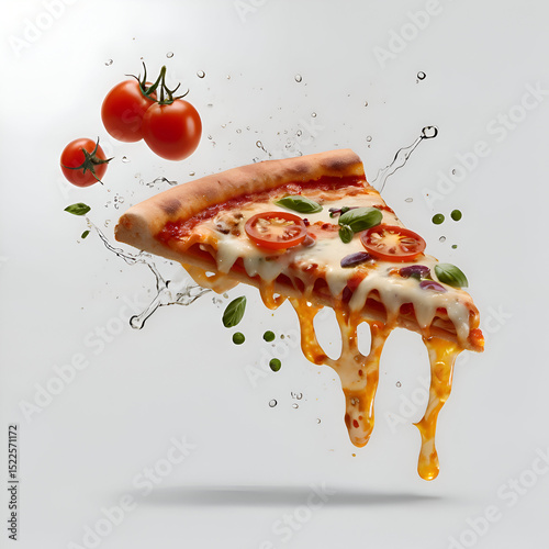 Flying pizza slice with ingredients isolated on transparent white background