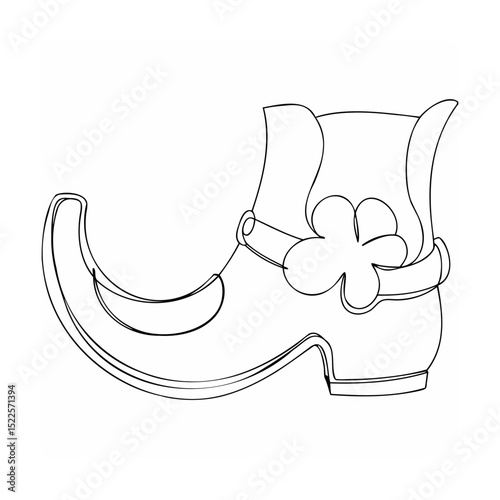Line art illustration of a leprechaun shoe with shamrock decoration and curving toe
