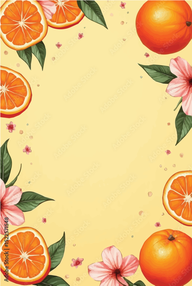 Obraz premium Watercolor-style decorative design with vibrant oranges, slices, flowers, and leaves on yellow background. 