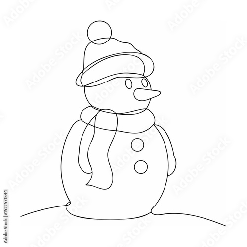 Simple line drawing of a cheerful snowman wearing a hat and scarf for winter holidays