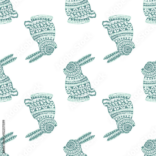 seamless pattern with cyan green silhouettes of a Rabbit textured pattern background.