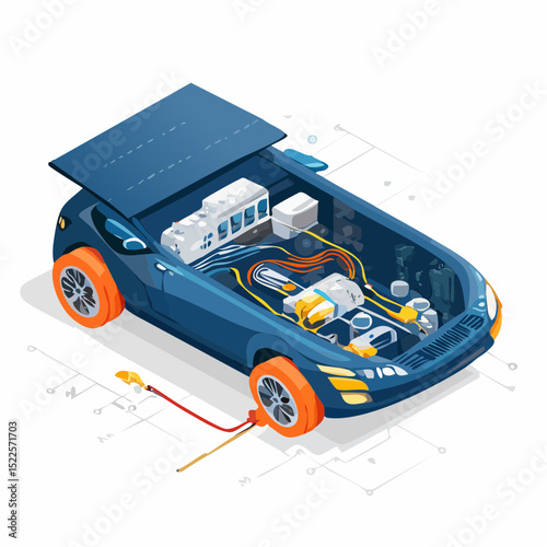 Isometric Illustration of Electric Car Engine Unveiling the Inner Workings