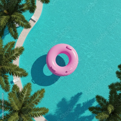Top-down 3D view of a pool with pink float rings on the water, creating a tropical summer vibe.

