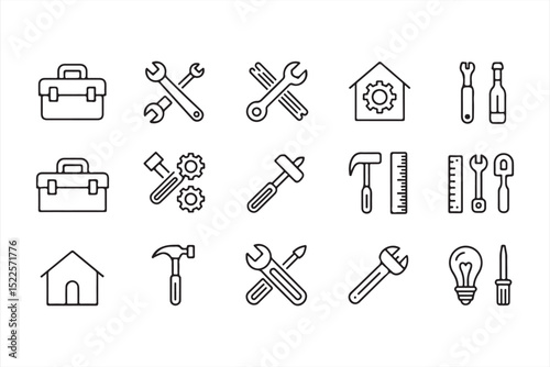 Bold Silhouettes of Workshop Tools and Construction Equipment Including Oil Can, Chisel, Lightbulb, and Toolbox in Vector Format