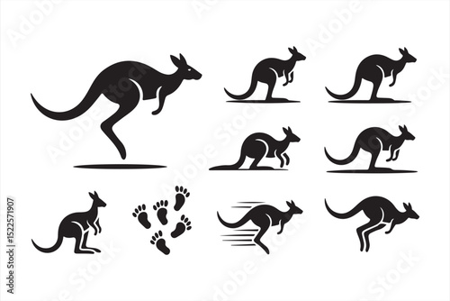 Dynamic Kangaroo Silhouettes with Movement Lines and Footprint Trails in Minimal Vector Style