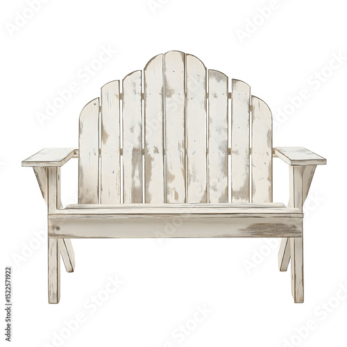 Distressed white adirondack bench fan back design and wide armrests classic weathered outdoor patio furniture isolated on transparent or white background.