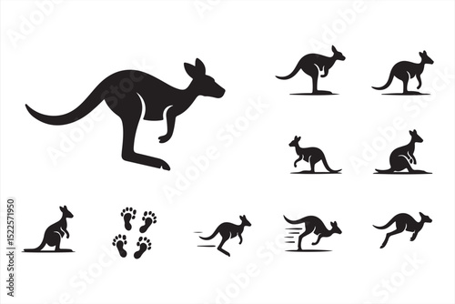 Silhouette Collection of Kangaroos in Jumping, Running, and Sitting Poses with Footprint Icons