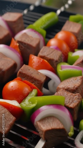 barbecue on skewers with slices tomatoes, beef cubes, and onions and green peppers on the grill