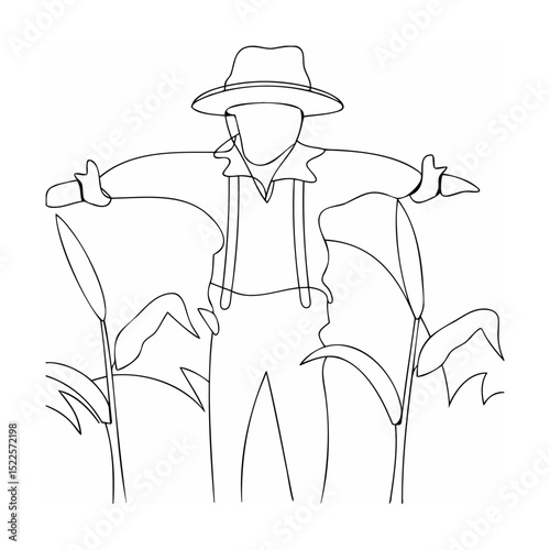 Minimalist line art illustration of a scarecrow standing in a cornfield at harvest time