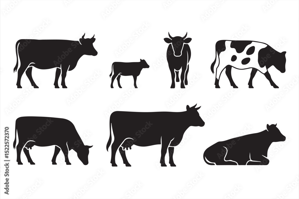 Silhouettes of Farm Cows and Calves in Standing, Grazing, and Resting Positions for Livestock Vector Illustration Silhouettes of Farm Cows and Calves in Standing, Grazing, and Resting Positions for Livestock Vector Illustration