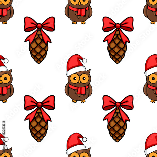 Seamless vector pattern featuring adorable cartoon owls wearing Santa hats and red scarves, alongside pine cones adorned with red bows, creating a charming Christmas design.