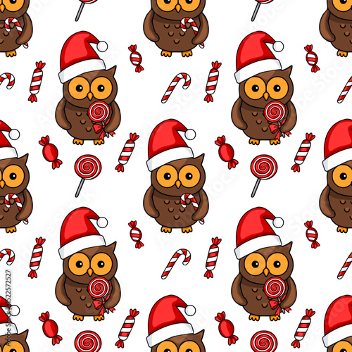 Seamless vector pattern of cute owls in Santa hats holding lollipops and candy canes, perfect for festive Christmas designs.