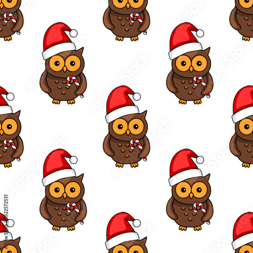Seamless vector pattern of cute cartoon owls wearing Santa hats and holding candy canes, perfect for festive Christmas designs and winter holiday backgrounds.