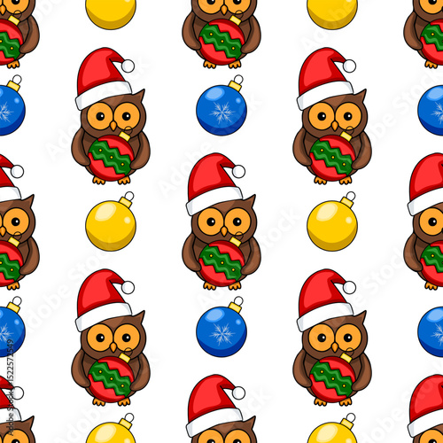 Seamless vector pattern featuring adorable owls in Santa hats holding Christmas ornaments, creating a festive and cheerful winter design.