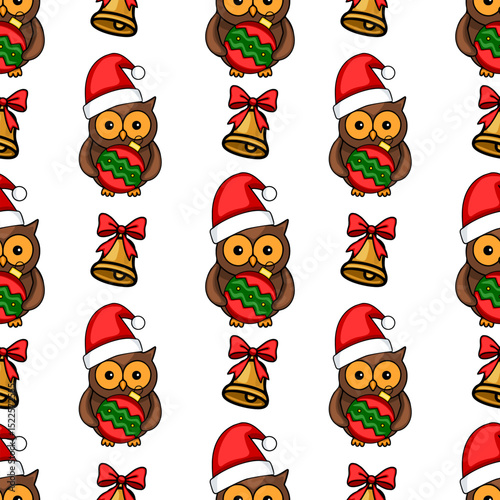 Seamless vector Christmas pattern with cute owls in Santa hats holding Christmas baubles, golden bells with bows, festive winter holiday design.
