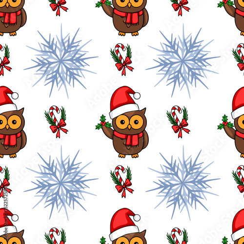 Seamless vector Christmas pattern featuring adorable owls in Santa hats, snowflakes, candy canes, and holly sprigs, creating a festive and charming winter design.