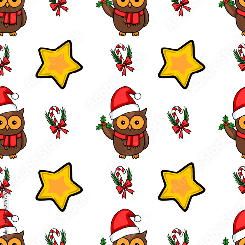 Seamless vector Christmas pattern featuring adorable owls in Santa hats, candy canes, stars, and holly sprigs, perfect for festive designs.