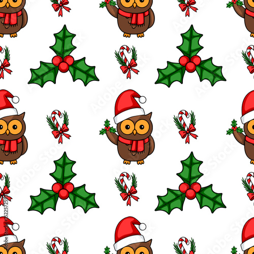 Seamless vector Christmas pattern featuring adorable owls in Santa hats, holding holly sprigs, surrounded by candy canes and festive bows, creating a charming winter holiday design.